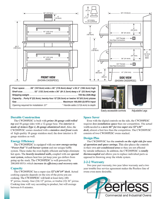 Peerless CW200PESC Pizza Deck Oven, 2 Deck Double Stacked, Gas 100,000 BTU