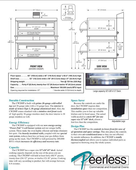 Peerless CW200P Pizza Deck Oven, 2 Deck Double Stacked, Gas 100,000 BTU