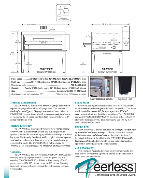 Peerless CW100PESC Pizza Deck Oven, Single Deck, Gas 100,000 BTU