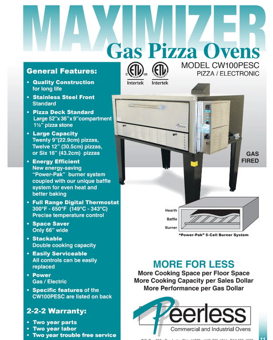 Peerless CW100PESC Pizza Deck Oven, Single Deck, Gas 100,000 BTU