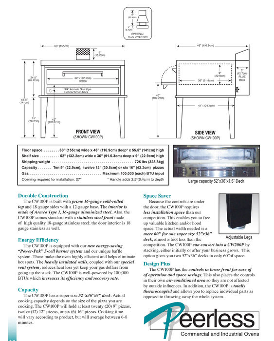 Peerless CW100P Pizza Deck Oven ,Single 9" Deck, Gas 100,000 BTU