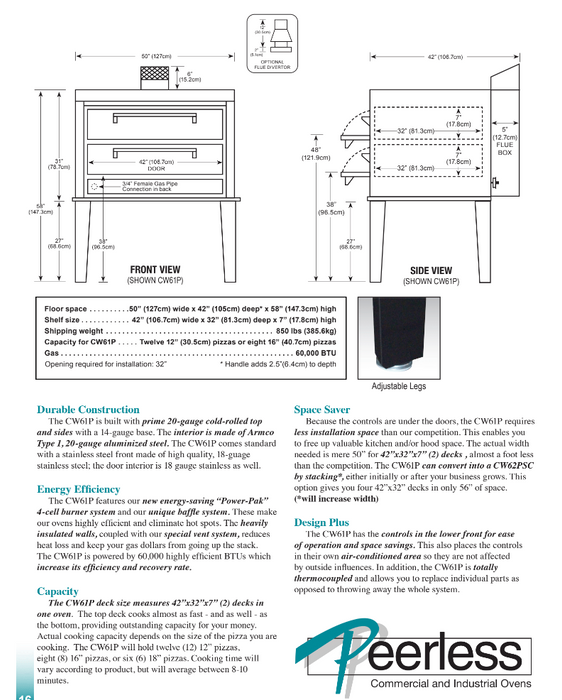 Peerless CW61P Pizza Deck Oven, 2 Deck, Gas 60,000 BTU