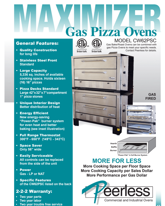 Peerless CW62PSC Pizza Deck Oven, 4 Deck Double-Stacked, Gas 120,000 BTU