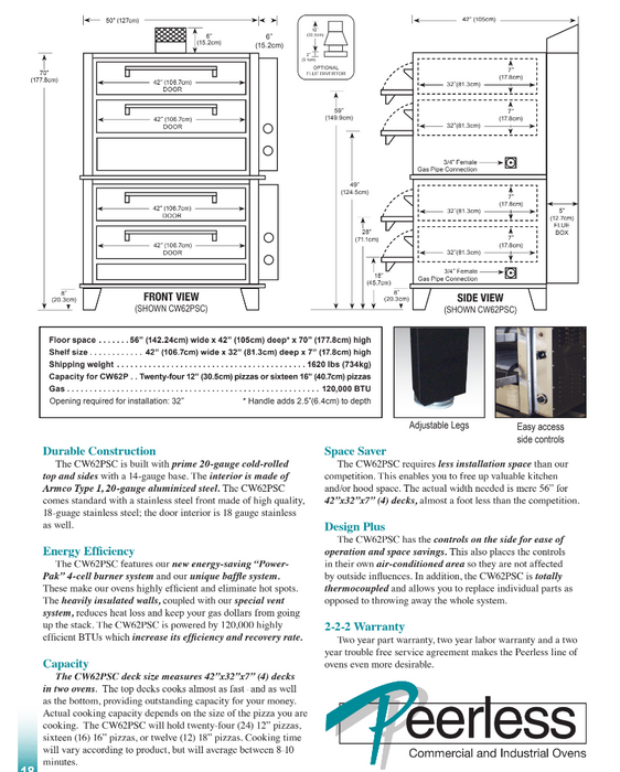 Peerless CW62PSC Pizza Deck Oven, 4 Deck Double-Stacked, Gas 120,000 BTU