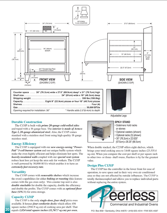 Peerless C131P Countertop Pizza Deck Oven, 4 Deck, Gas 30,000 BTU