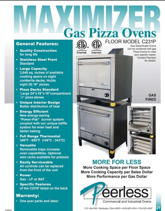 Peerless C231P Pizza Deck Oven, 2 Deck, Gas 60,000 BTU