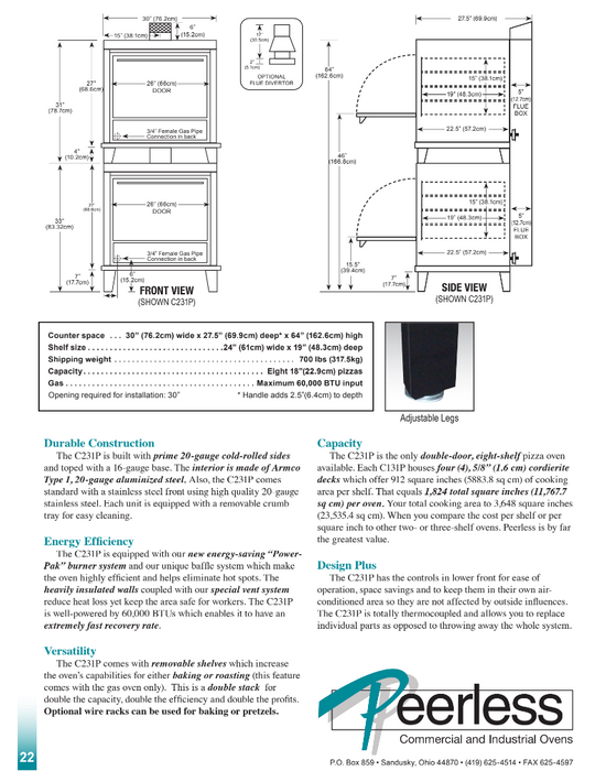 Peerless C231P Pizza Deck Oven, 2 Deck, Gas 60,000 BTU