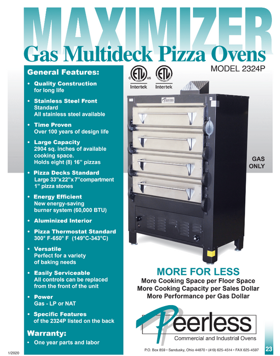 Peerless 2324P Pizza Deck Oven, 4 Deck, Gas 60,000 BTU