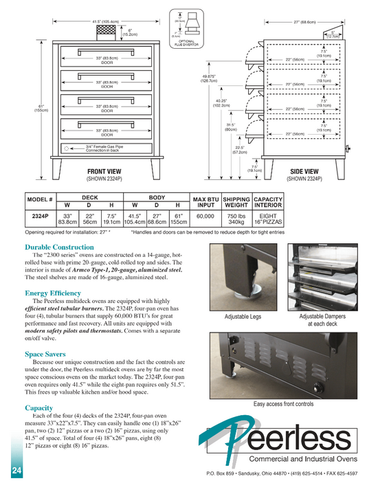 Peerless 2324P Pizza Deck Oven, 4 Deck, Gas 60,000 BTU