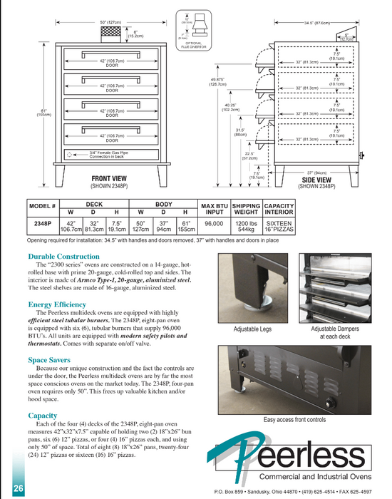 Peerless 2348P Pizza Deck Oven, 4 Deck, Gas 96,000 BTU