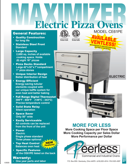 Peerless CE61PE Electric Pizza Deck Ovens, 2 Deck, 12KW