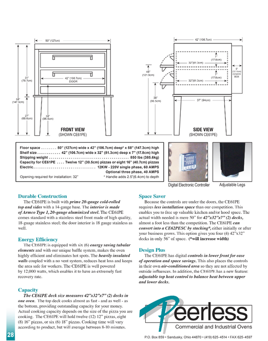 Peerless CE61PE Electric Pizza Deck Ovens, 2 Deck, 12KW