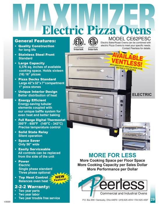 Peerless CE62PESC Electric Pizza Deck Oven, 4 Decks Double Stacked, 24KW