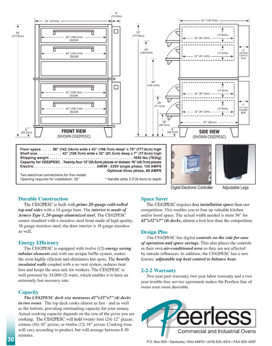 Peerless CE62PESC Electric Pizza Deck Oven, 4 Decks Double Stacked, 24KW