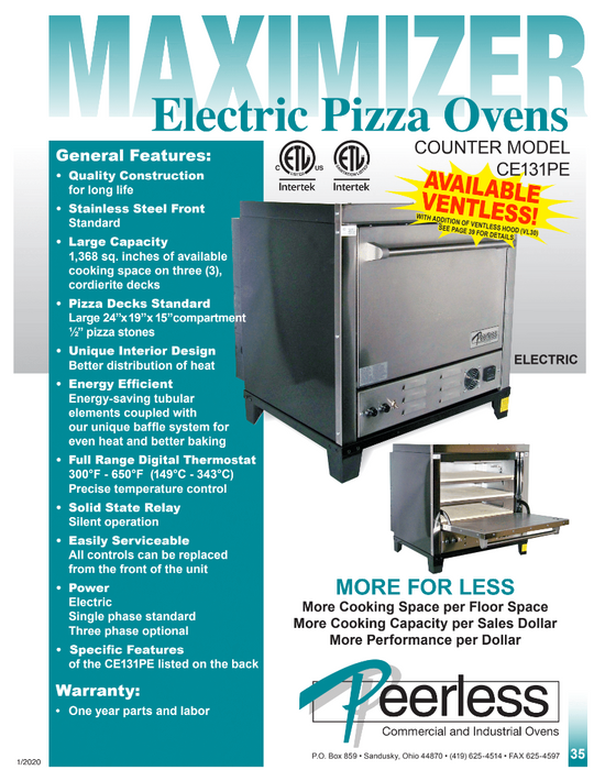 Peerless CE131PE Electric Countertop Pizza Deck Oven, 3 Deck, 7KW