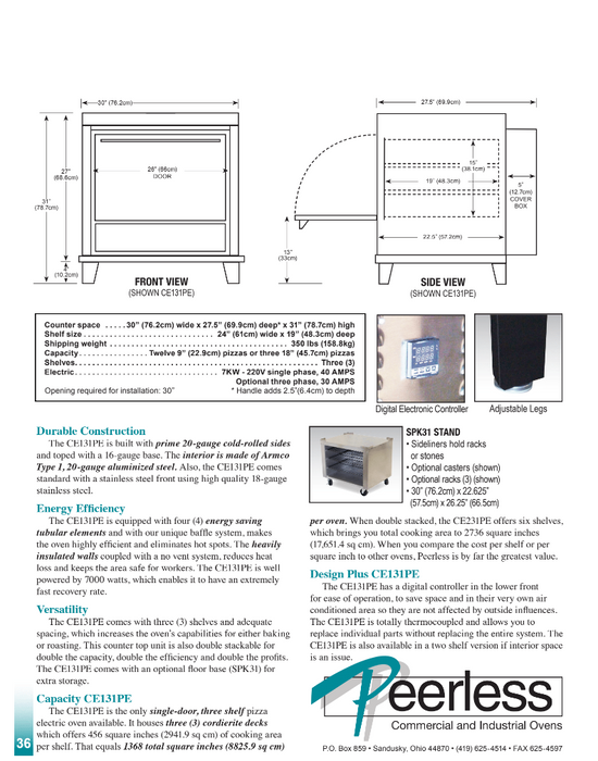 Peerless CE131PE Electric Countertop Pizza Deck Oven, 3 Deck, 7KW