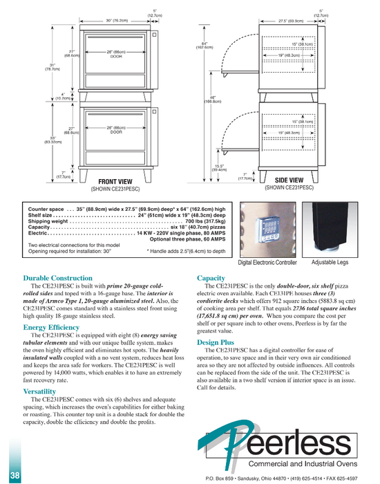 Peerless CE231PESC Electric Pizza Deck Oven, 6 Deck, 14KW