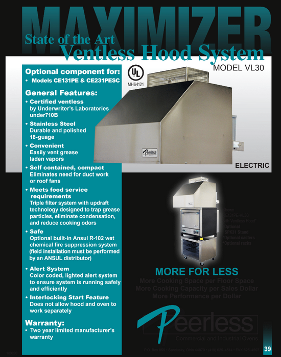 Peerless 30-inch Ventless Electric Oven Hoods