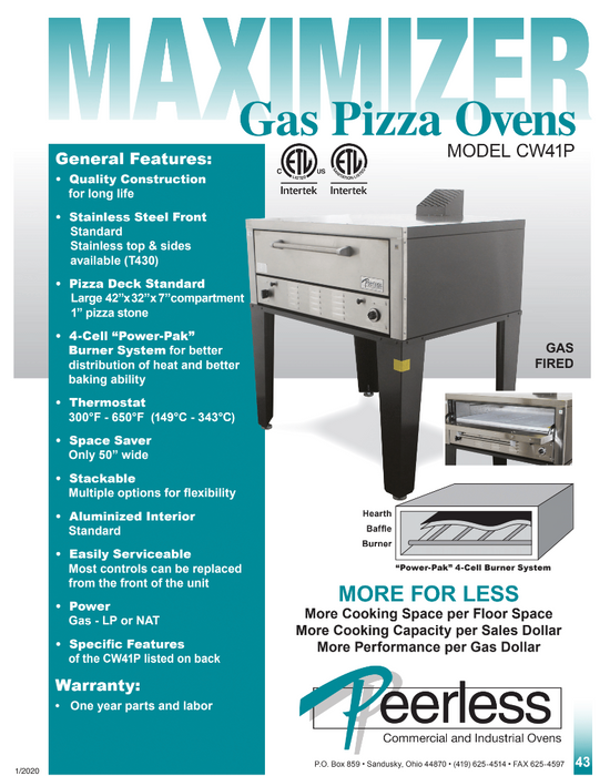 Peerless CW41P Pizza Deck Oven, Single Deck, Gas 60,000 BTU