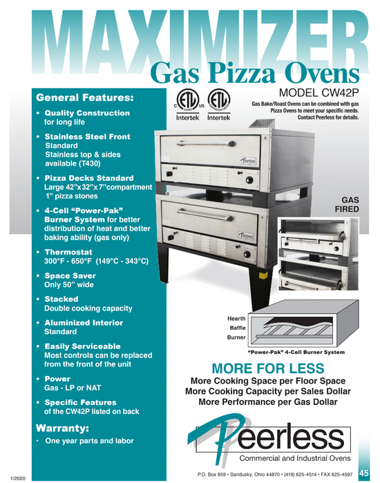 Peerless CW42P Pizza Deck Oven, 2 Deck Double Deck, Gas 60,000 BTU