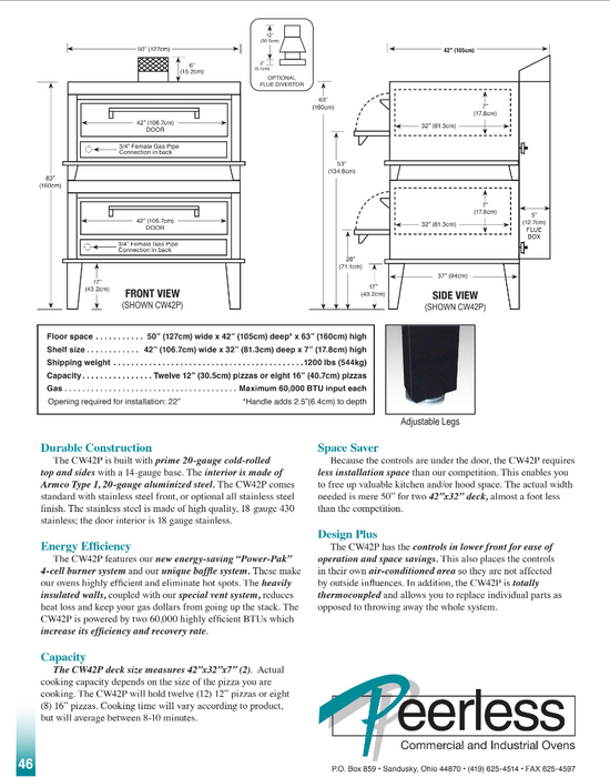 Peerless CW42P Pizza Deck Oven, 2 Deck Double Deck, Gas 60,000 BTU