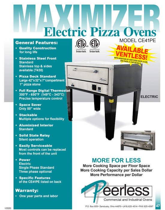 Peerless CE41PE Electric Pizza Deck Oven, Single Deck, 8KW