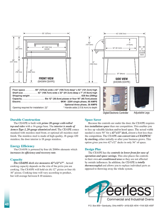 Peerless CE41PE Electric Pizza Deck Oven, Single Deck, 8KW