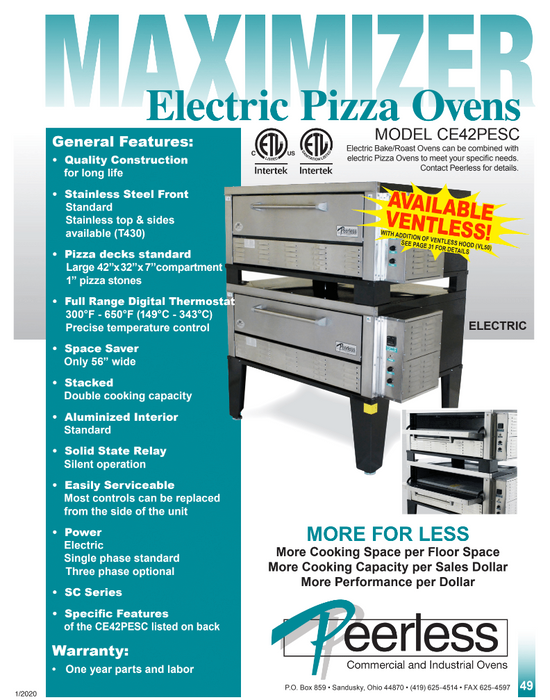 Peerless CE42PESC Electric Pizza Deck Oven, 2 Deck Double Stacked, 16KW